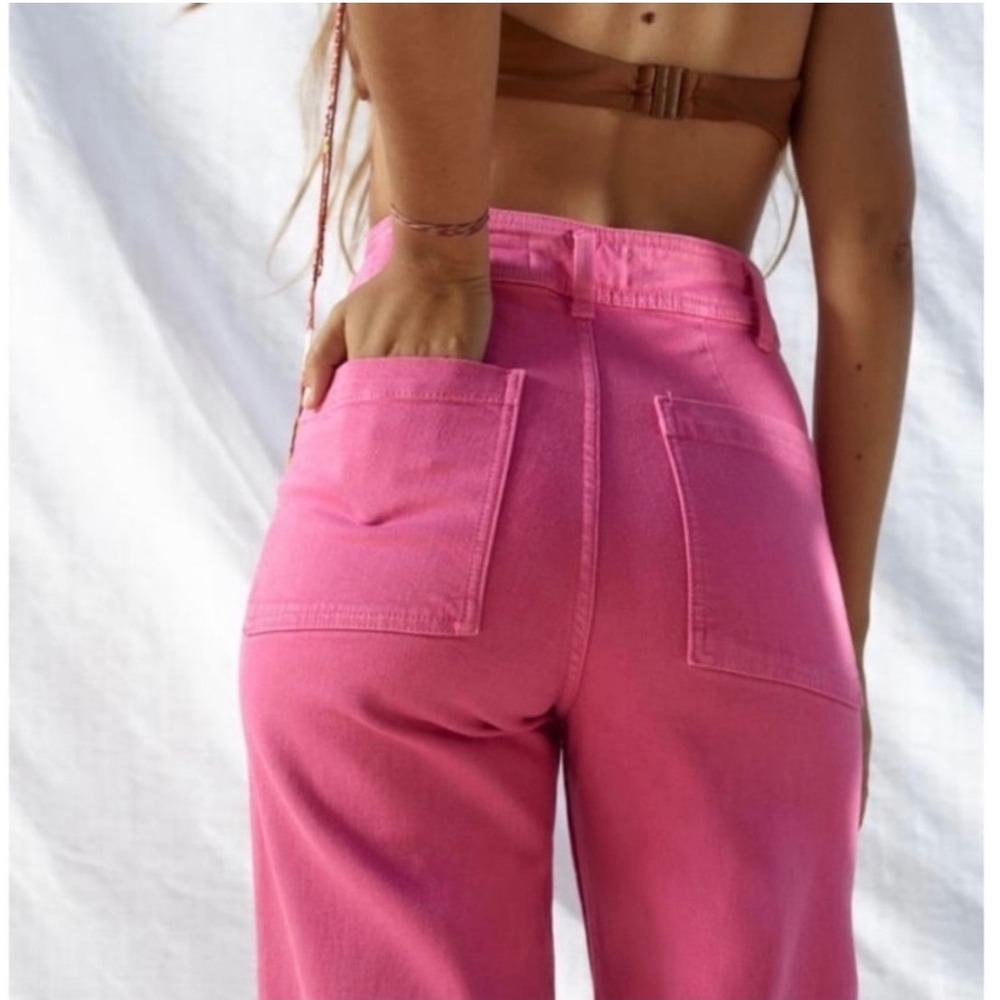 Zara Marine Straight Wide Leg Jeans Hot Pink Raw Hem High Waist USA Size 4 - Picture 3 of 6